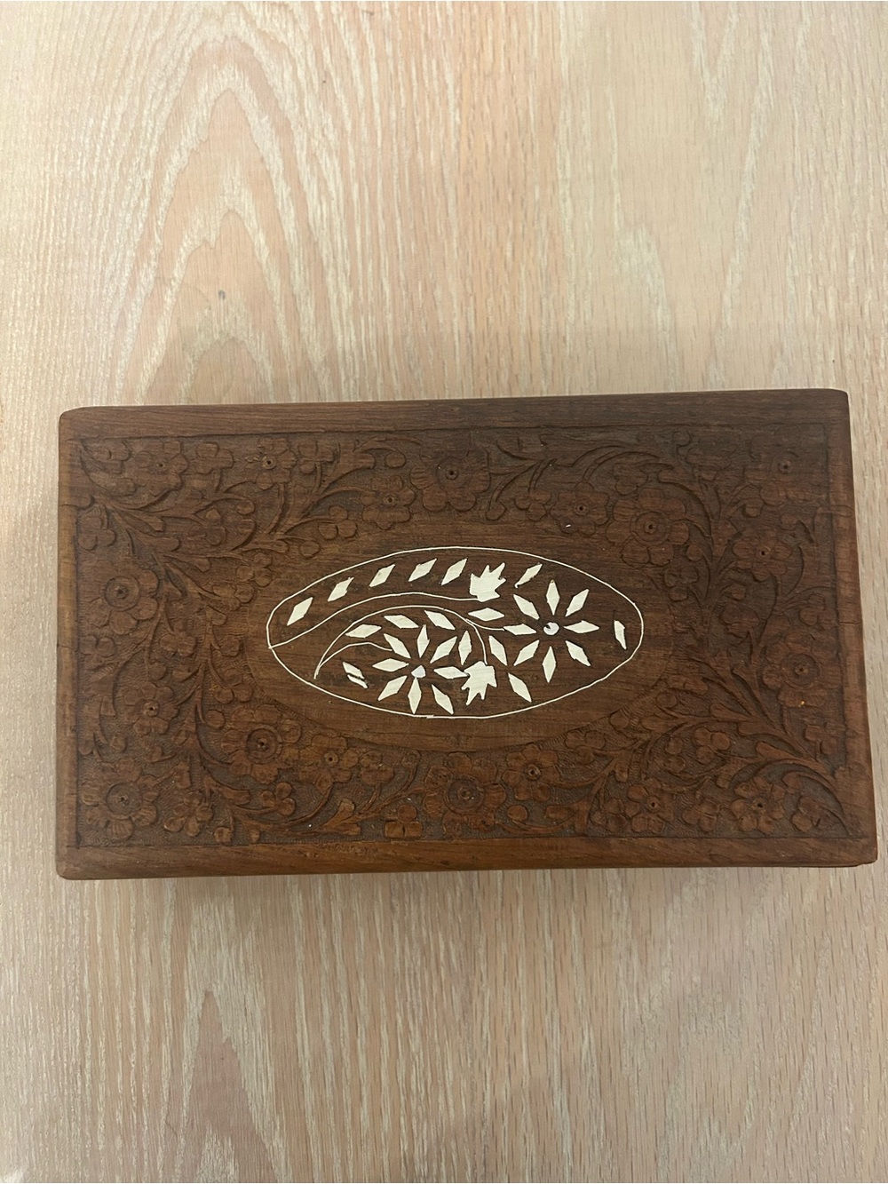 Vintage Brown Wooden Carved Box with blue Inlay made in India